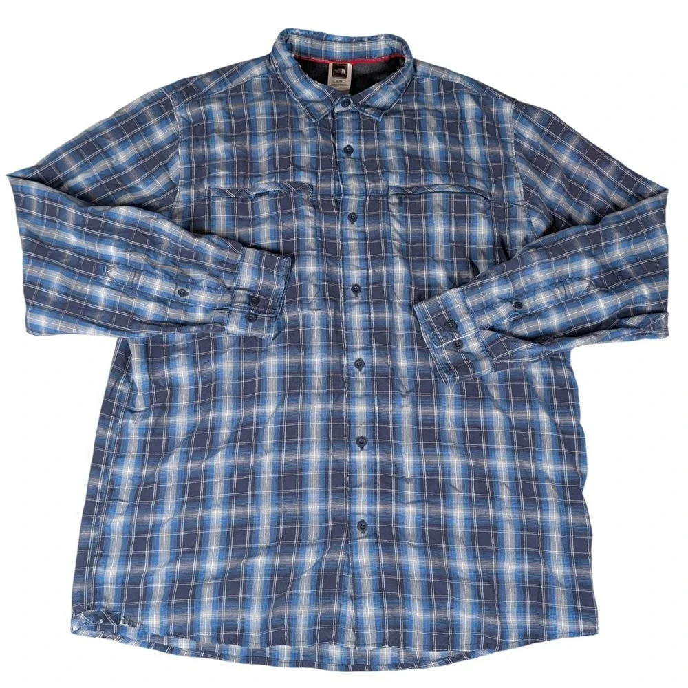 The North Face Mens Blue Plaid Long Sleeve Hiking Button Up Shirt XL